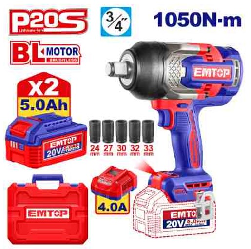 Ultra Powerful Brushless 20V 3/4 inch Cordless Impact Wrench 1050Nm Fastening 1200Nm Nut-busting 0-2100rpm with 2x5.0Ah Batteries Charger Deep Socket Set Belt Clip